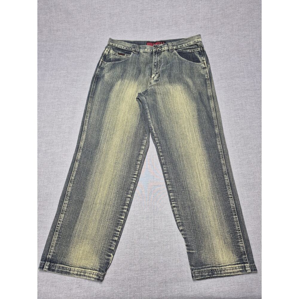 Modajena Men's Baggy Jeans Y2K Dirty Wash Wide Leg Denim Streetwear W42 L34
